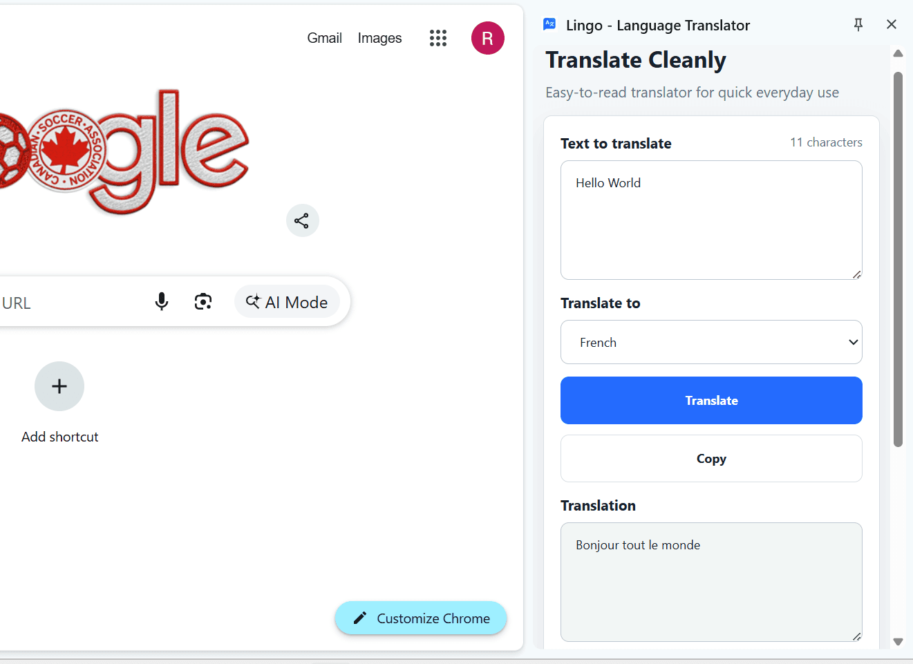 Lingo translation side panel